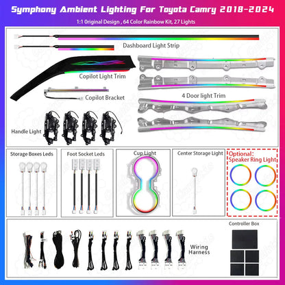 Complete Set of Camry Ribbon-Style Accessories
Full kit of 64-color dynamic ribbon style ambient light with illuminated speaker rings for Toyota Camry 2018-2024 (8th Gen), complete car interior atmosphere lighting package, isolated on a white background.