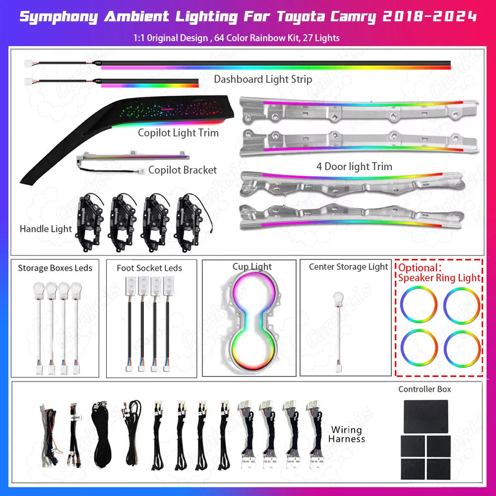 Complete Set of Camry Starry Sky Style Accessories
Full kit of 64-color dynamic starry sky ambient light with illuminated speaker rings for Toyota Camry 2018-2024 (8th Gen), complete car interior atmosphere lighting package.