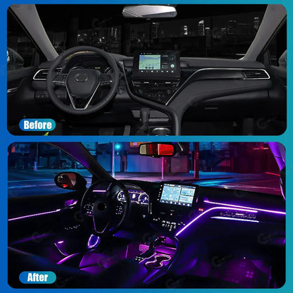 Side-by-side comparison of Toyota Camry stock interior vs. upgraded 64-color ambient lighting.