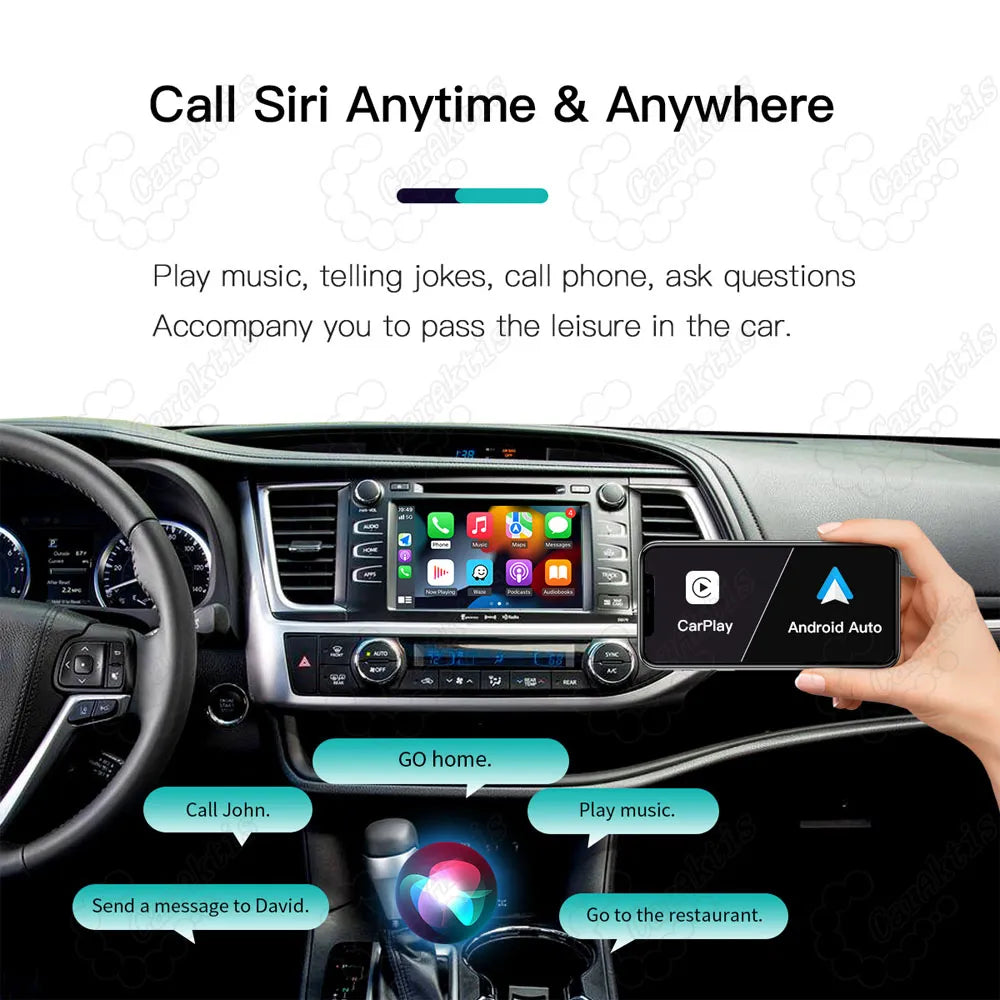 Demonstration of Siri and voice control feature on Toyota factory screen via the CarPlay module, showcasing options for navigation, music, and messaging.
