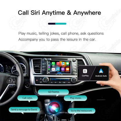 Demonstration of Siri and voice control feature on Toyota factory screen via the CarPlay module, showcasing options for navigation, music, and messaging.