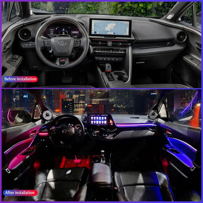 Comparison of Toyota C-HR interior before and after installing 64-color LED ambient lighting, showing the dramatic upgrade from dark to vibrant cabin.