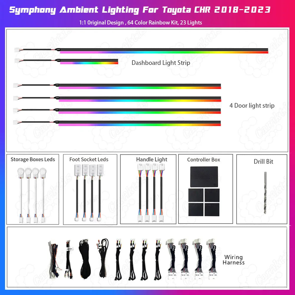 Premium 64-color LED interior ambient lighting kit for Toyota C-HR 2018-2023