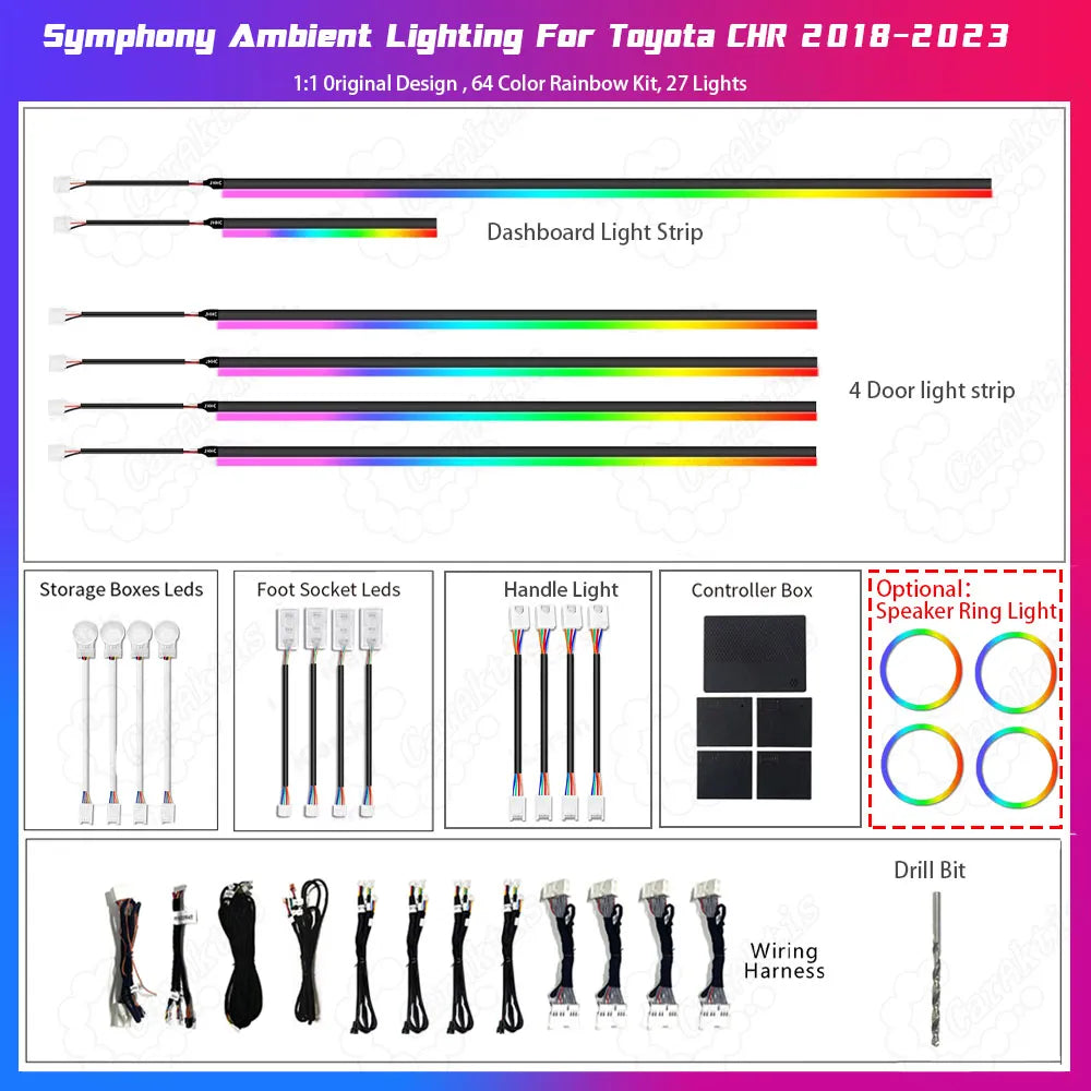 Complete contents of Toyota C-HR ambient light kit including LED strips, plug-and-play harnesses, and control boxes.