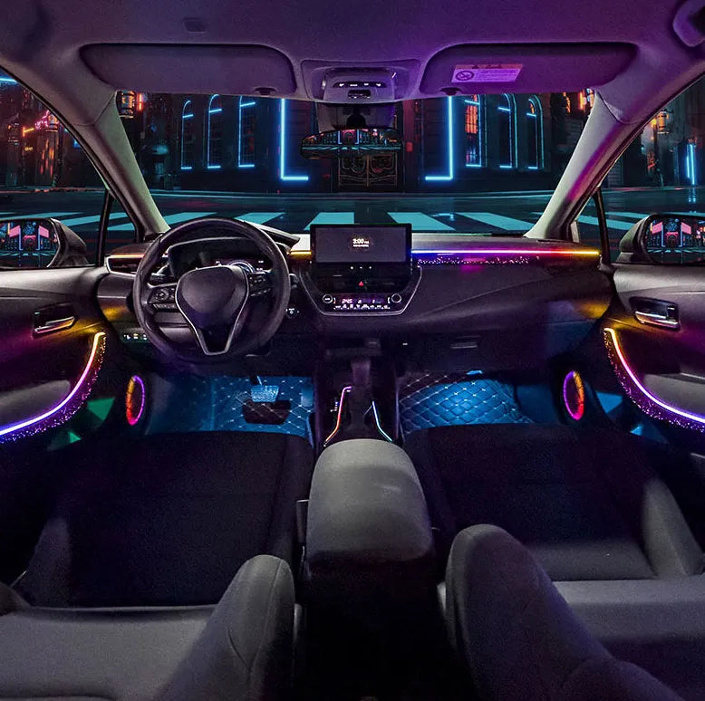 Full interior view of a Toyota Corolla upgraded with a custom 1:1 fit plug and play ambient lighting kit.