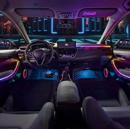 Full interior view of a Toyota Corolla upgraded with a custom 1:1 fit plug and play ambient lighting kit.