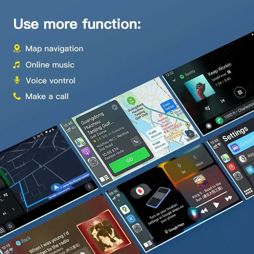 User interface split-screen layout on Toyota dashboard showing map navigation, online music via Spotify, voice control dashboard, and phone calling functions.