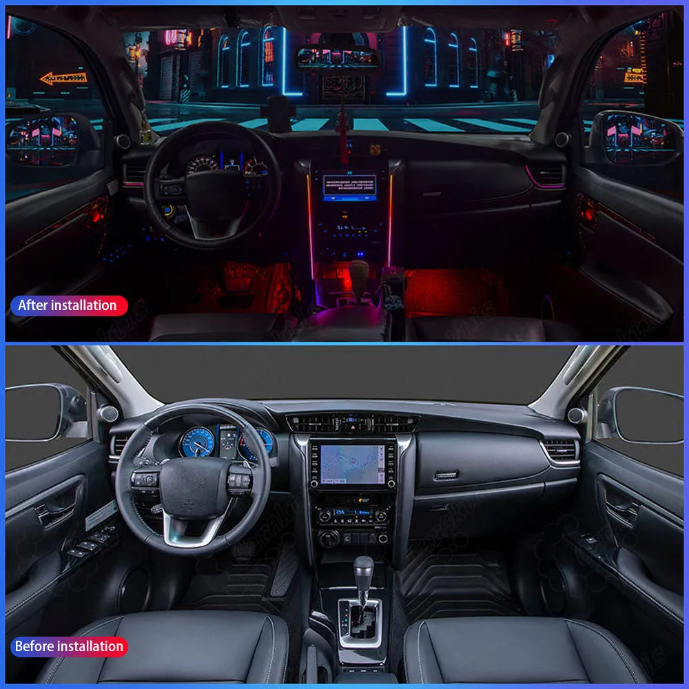 Before and after comparison of interior atmosphere lighting installation on Toyota Fortuner.