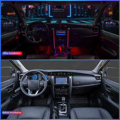 Before and after comparison of interior atmosphere lighting installation on Toyota Fortuner.
