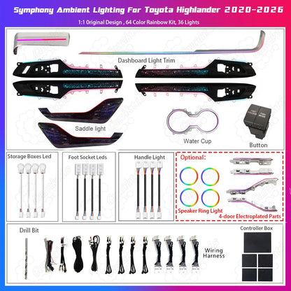 Complete parts list image for Toyota Highlander 2020-2026 64-color dynamic LED ambient light kit, including HIGHLANDER logo dashboard trim, center console side trims, illuminated cup holder, 4 starry door panel trims, 4 electroplated door armrest trims, main controller, sub-controllers, and plug-and-play wiring harnesses.
