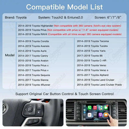 Compatible Toyota model list for Touch2 and Entune 2.0 systems (2014-2019 Highlander, Camry, Prius, RAV4, Tundra) with illustration of original steering wheel and touchscreen button control retention.