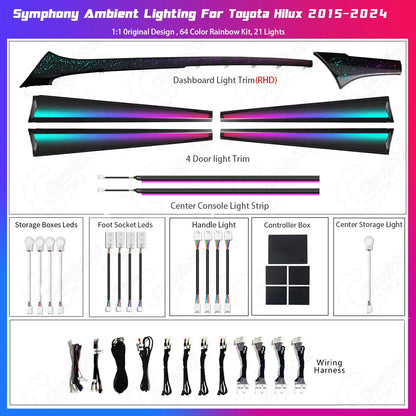 Full package contents of Caraktis premium ambient lighting kit for Toyota Hilux, 1:1 molded parts and wiring.