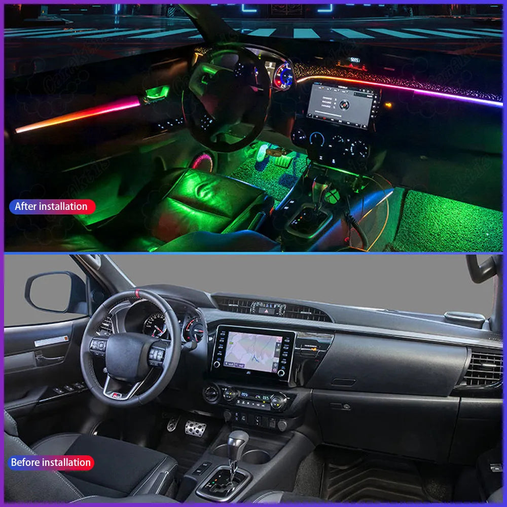 Before and after interior upgrade comparison for Toyota Hilux, showing plug-and-play LED ambient light installation.