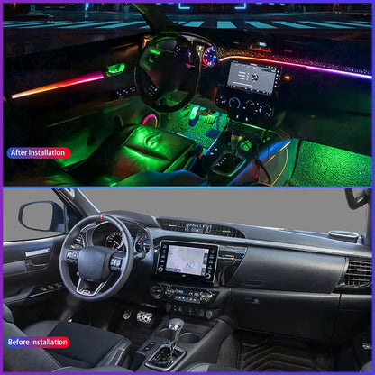 Before and after interior upgrade comparison for Toyota Hilux, showing plug-and-play LED ambient light installation.