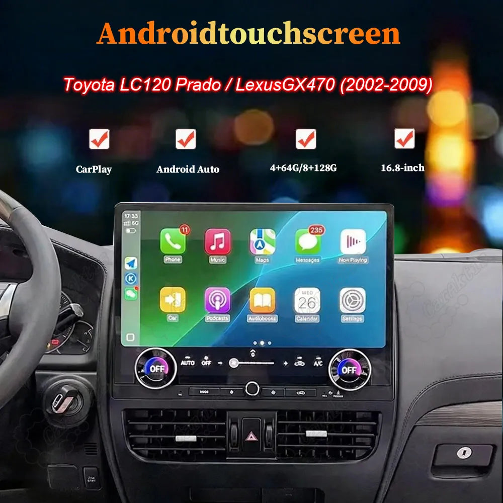 16.8-inch Android touchscreen multimedia head unit with CarPlay and Android Auto for Toyota LC120 Prado and Lexus GX470 2002-2009.
