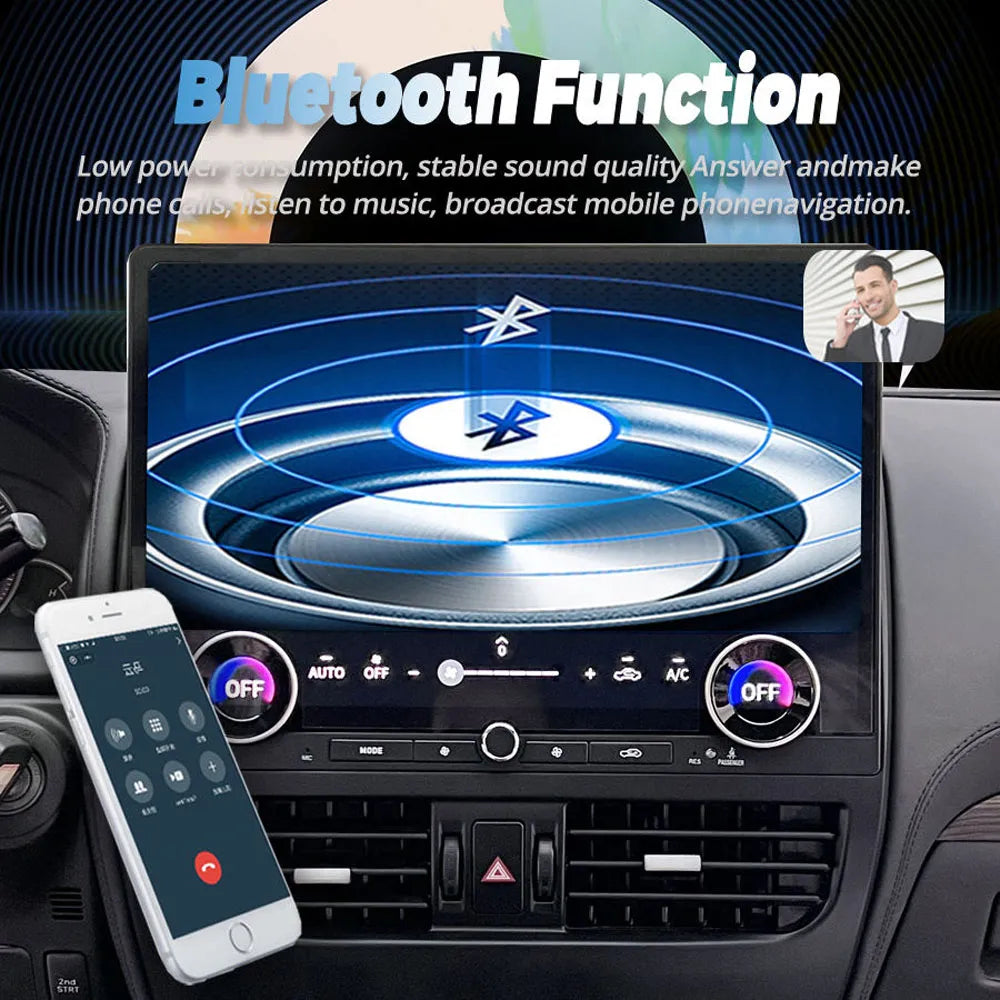 Android head unit for Toyota Prado LC120 and Lexus GX470 showcasing Bluetooth hands-free phone calls and music streaming.