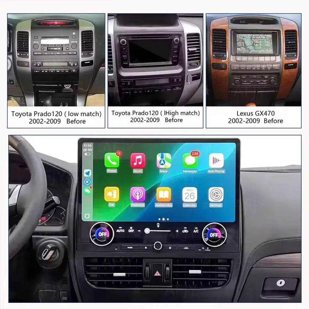 Before and after installation comparison of 16.8 inch Android touchscreen head unit for Toyota Prado 120 and Lexus GX470 2002-2009.