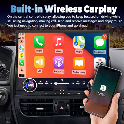 Toyota Prado LC120 and Lexus GX470 Android touchscreen console featuring built-in wireless Apple CarPlay connected to iPhone.