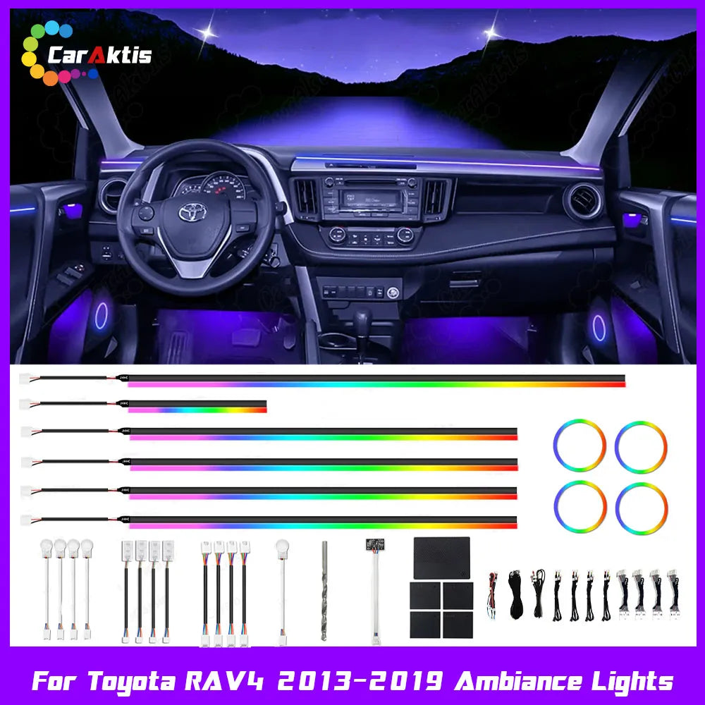 Premium RGB LED interior ambient lighting kit for Toyota RAV4 2013-2019, app-controlled invisible atmosphere lights.