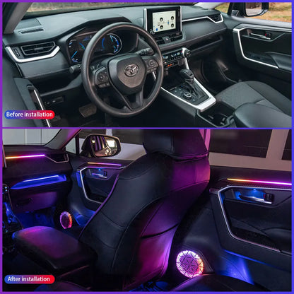 Before and after interior comparison of Toyota RAV4 with ambient lighting upgrade