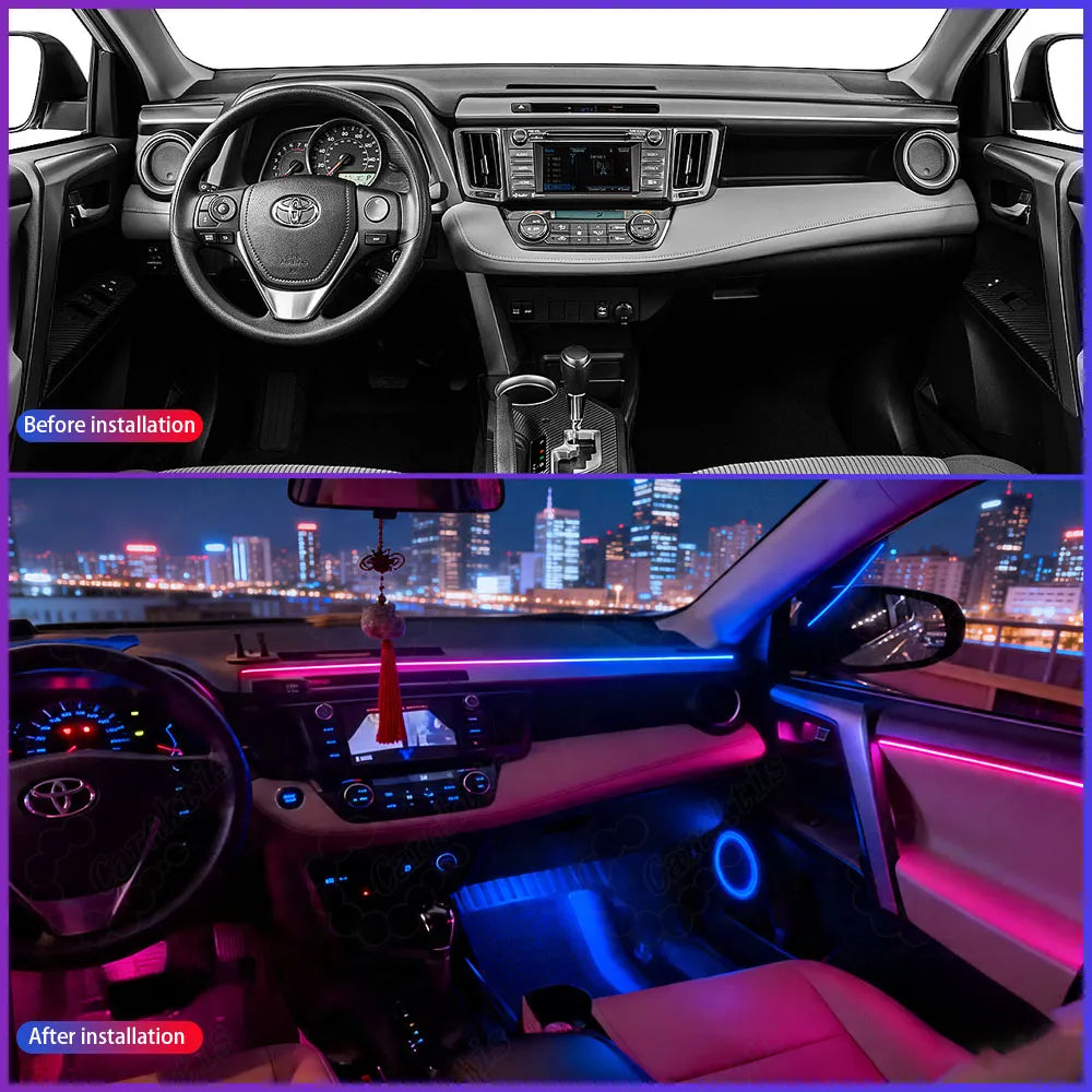 Comparison of Toyota RAV4 interior before and after installing LED ambient lights, showing the transformation to a luxury atmosphere.