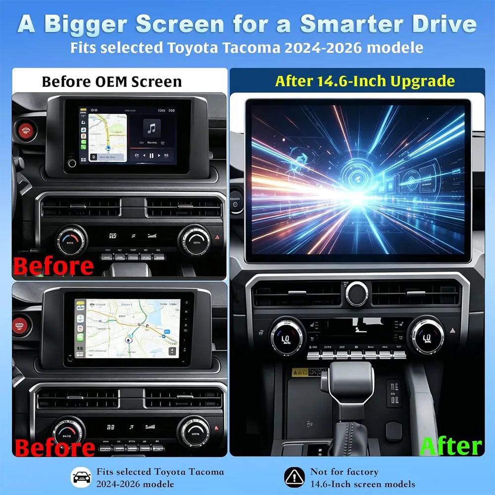 Before and after 14.6-inch big touchscreen display upgrade for Toyota Tacoma 2024-2026 models