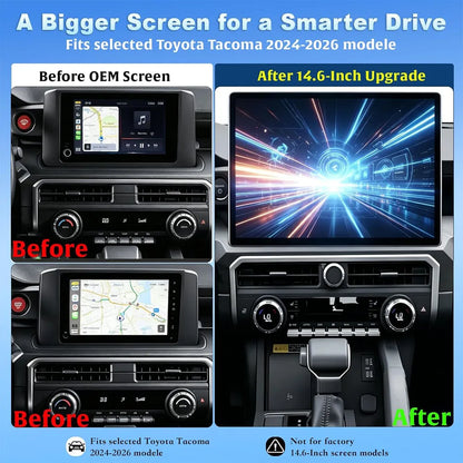 Before and after 14.6-inch big touchscreen display upgrade for Toyota Tacoma 2024-2026 models