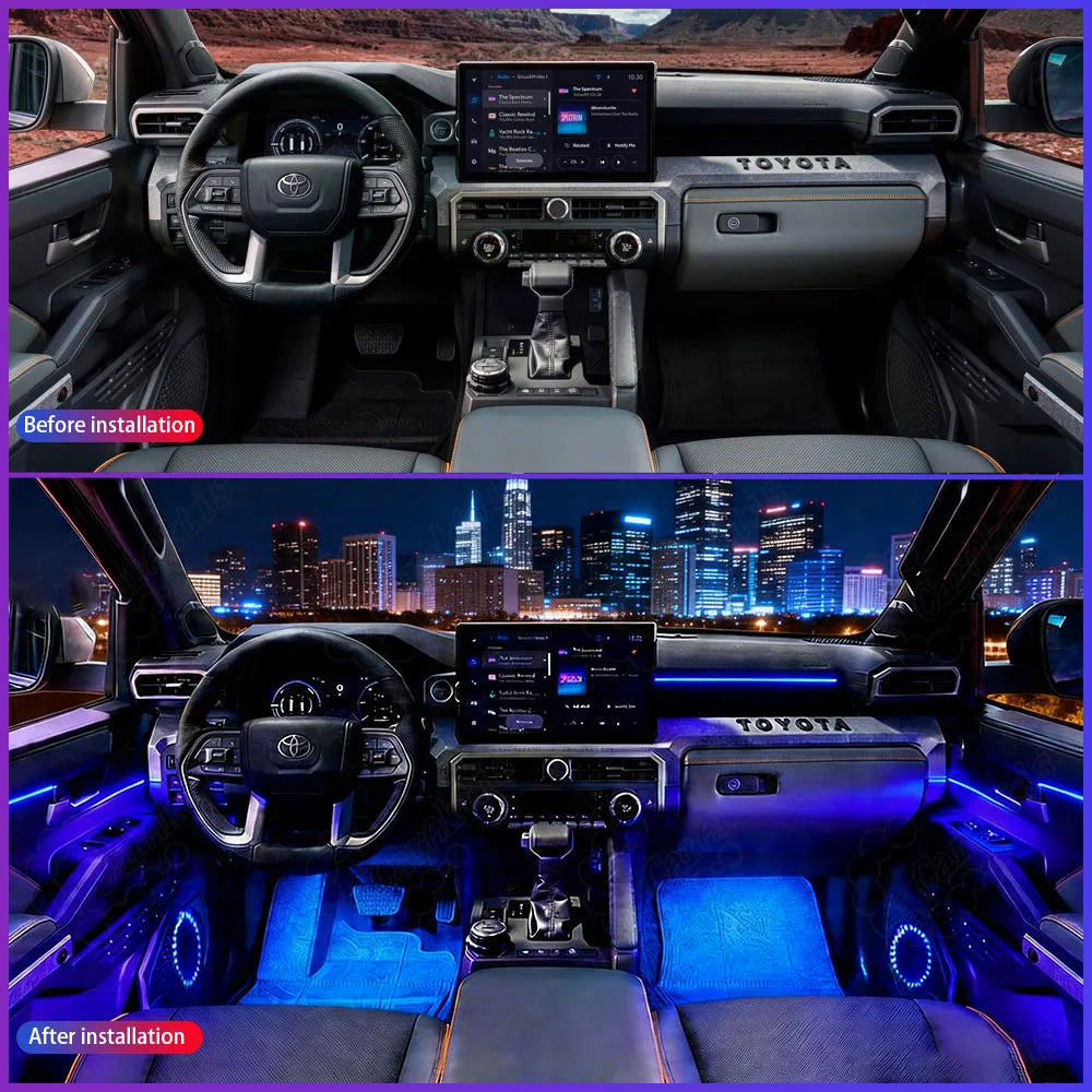 Side-by-side comparison of 2024 Toyota Tacoma interior before and after installing the plug-and-play LED ambient lighting kit