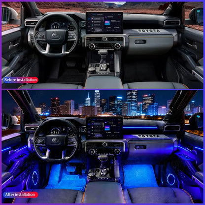 Side-by-side comparison of 2024 Toyota Tacoma interior before and after installing the plug-and-play LED ambient lighting kit