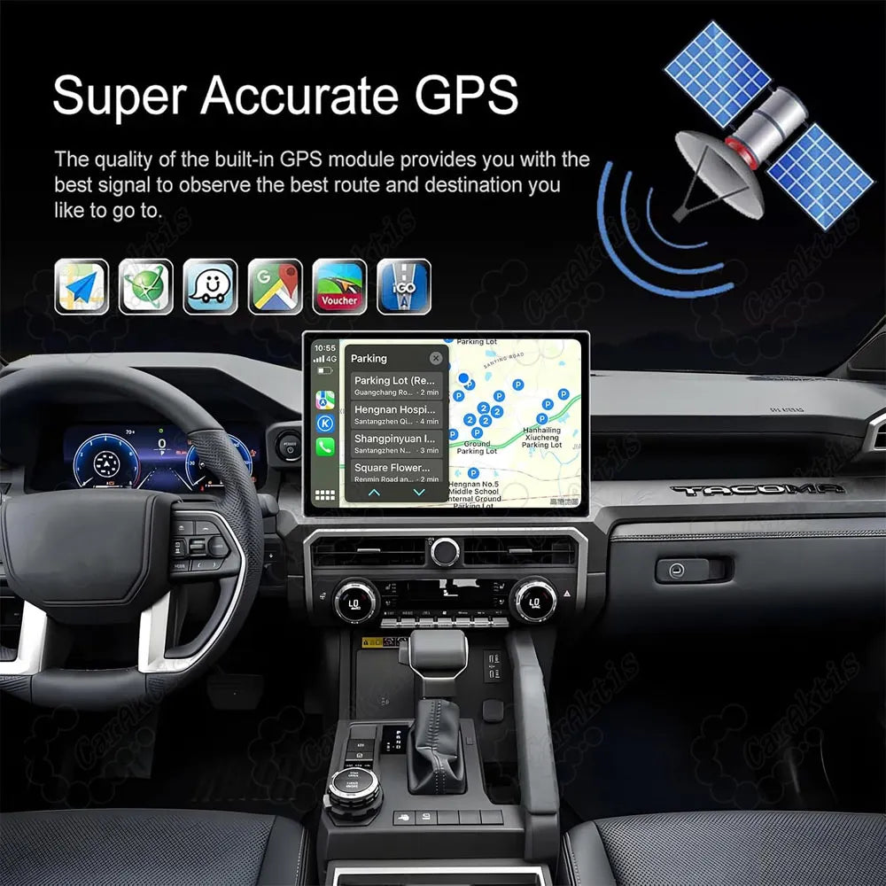Super accurate GPS navigation system with built-in module displayed on Toyota Tacoma dashboard screen