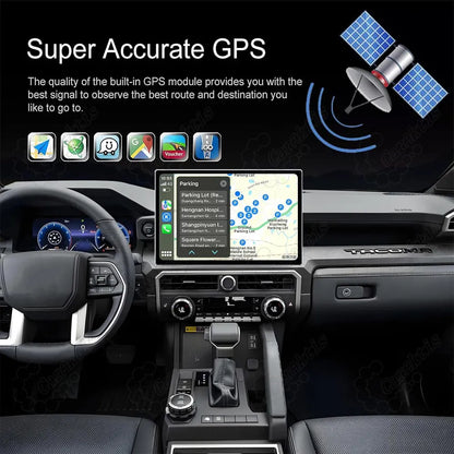 Super accurate GPS navigation system with built-in module displayed on Toyota Tacoma dashboard screen