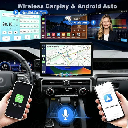 Wireless Apple CarPlay and Android Auto navigation interface on 14.6-inch Toyota Tacoma display