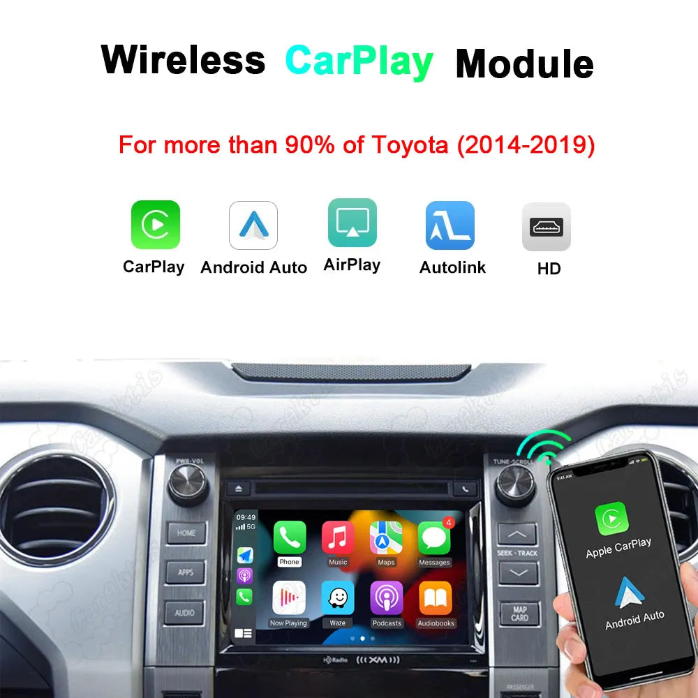 Wireless CarPlay and Android Auto module upgrade for Toyota 2014-2019 models with Touch2 or Entune 2.0 system, supporting AirPlay, Autolink, and HD display.