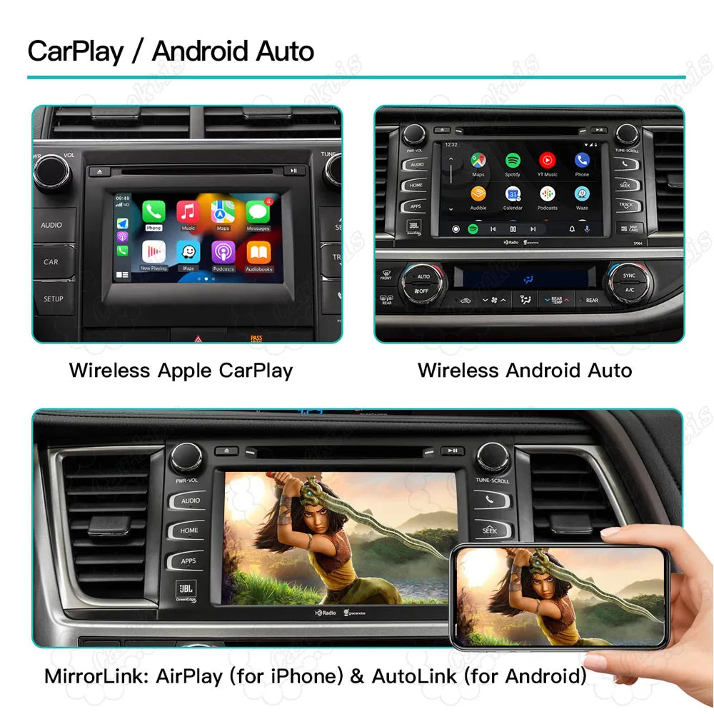 Displaying wireless Apple CarPlay, wireless Android Auto, and MirrorLink (AirPlay for iPhone, AutoLink for Android) user interfaces on Toyota center console.
