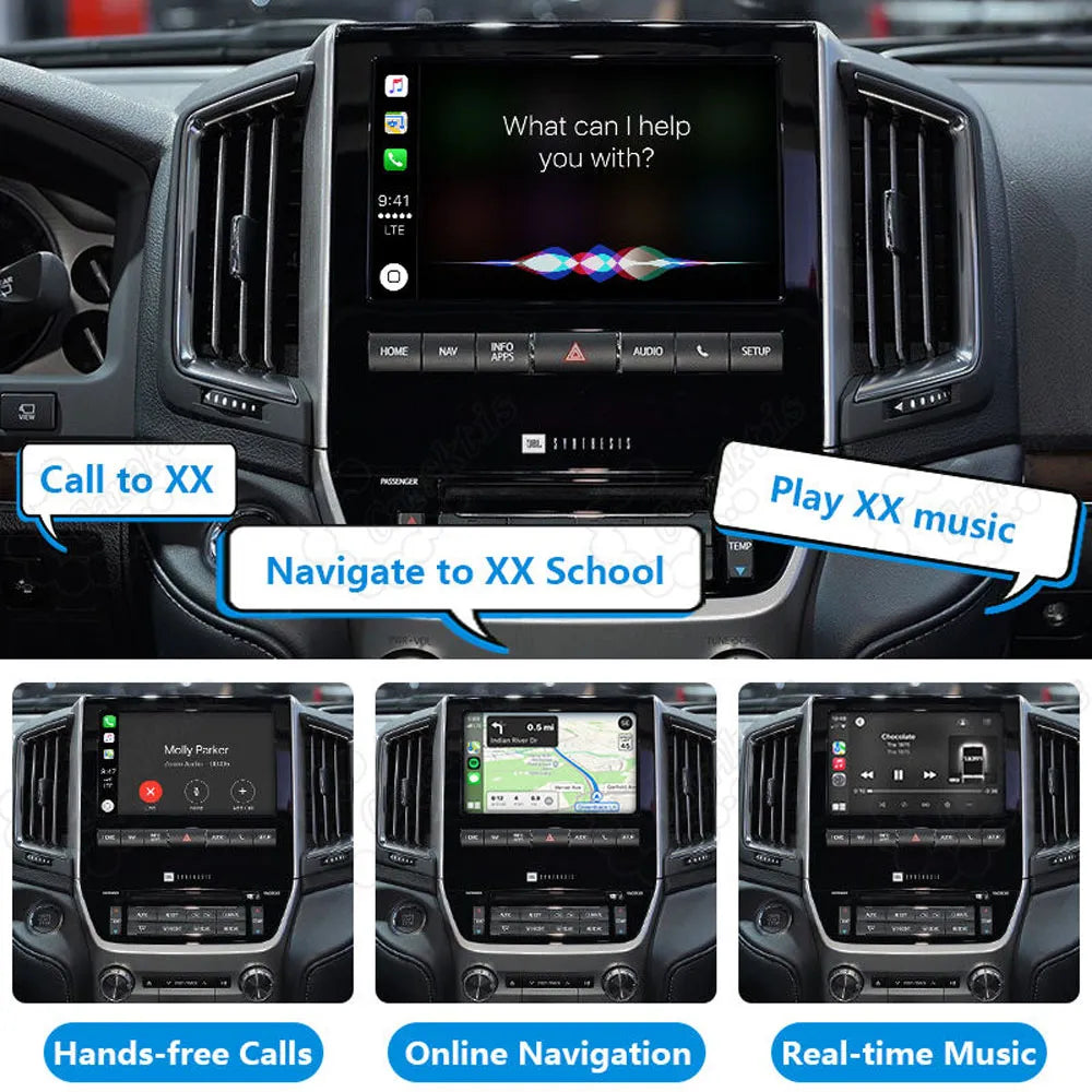 Smart voice control interface on the car screen highlighting hands-free calls, online navigation, and real-time music playback.
