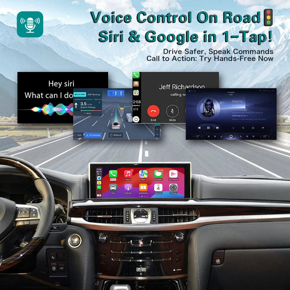 Smart voice control feature on road showcasing 1-tap activation for Siri and Google Assistant with hands-free calling and navigation on the car display.