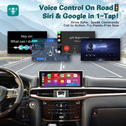Smart voice control feature on road showcasing 1-tap activation for Siri and Google Assistant with hands-free calling and navigation on the car display.