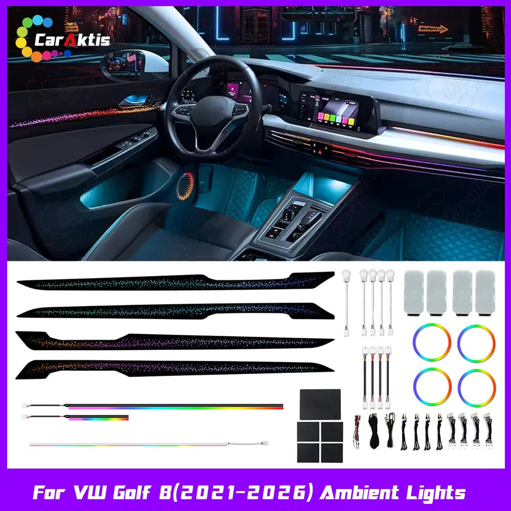 Front view of the Volkswagen Golf 8 interior featuring the Caraktis premium smart symphony ambient lighting kit illuminated in a futuristic blue and purple gradient.