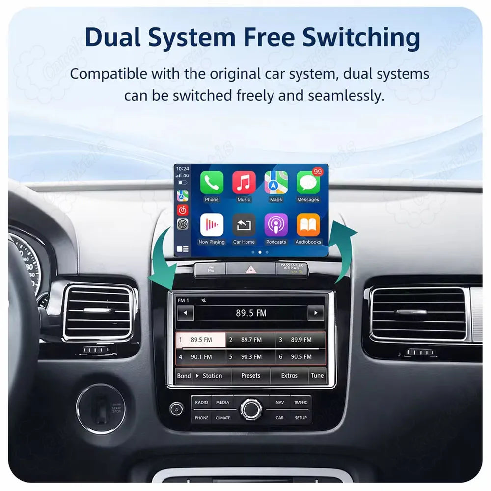 Seamless dual system switching between the original Volkswagen car system and the new Apple CarPlay interface.