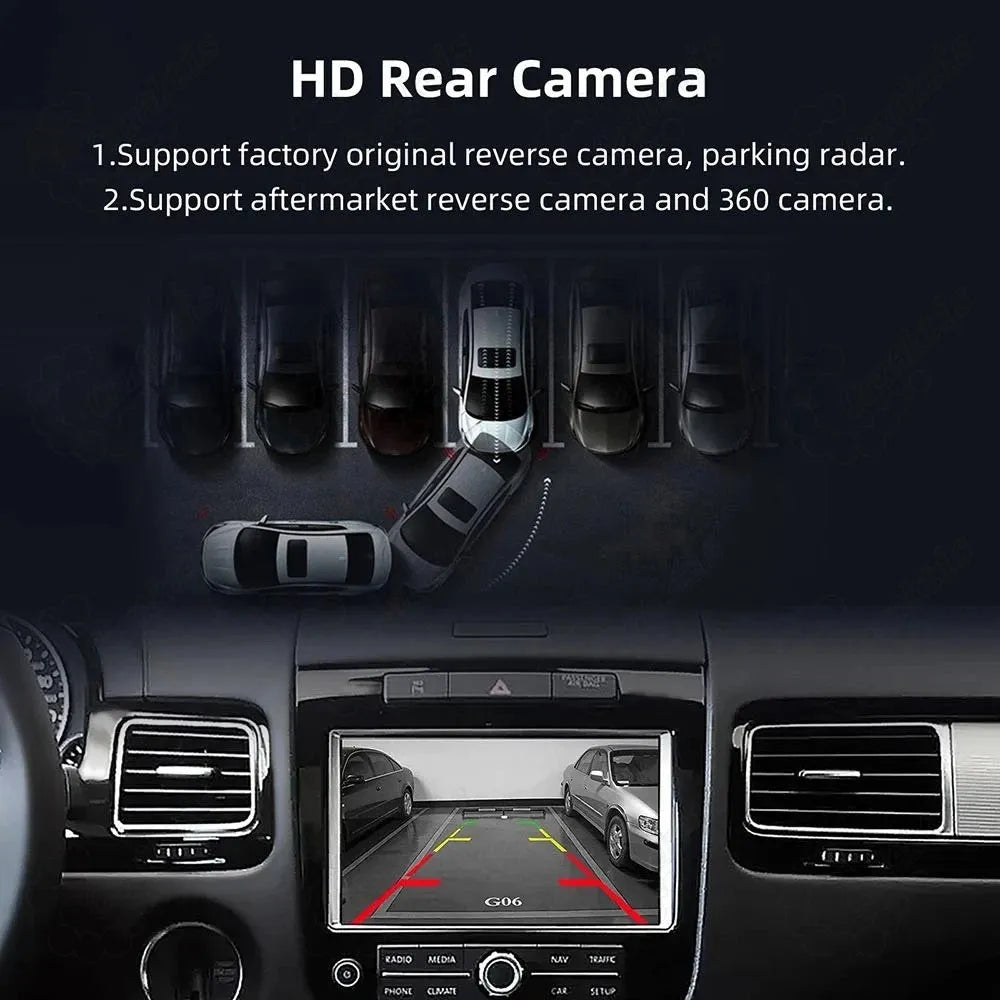 HD rear camera and 360-degree panoramic camera tracking view support on the Volkswagen Touareg screen for safe parking.