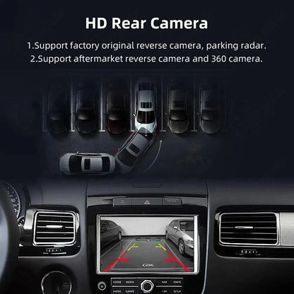 HD rear camera and 360-degree panoramic camera tracking view support on the Volkswagen Touareg screen for safe parking.