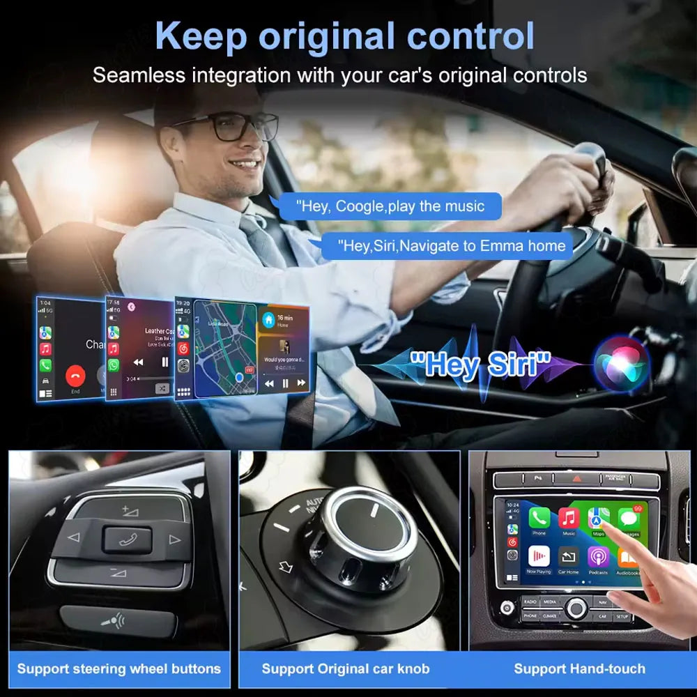 Volkswagen Touareg retrofit CarPlay module supporting steering wheel buttons, original car knob, touch control, and Siri voice command.