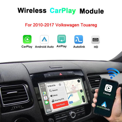 Wireless CarPlay and Android Auto retrofit module for 2010-2017 Volkswagen Touareg with AirPlay, Autolink, and HD display support