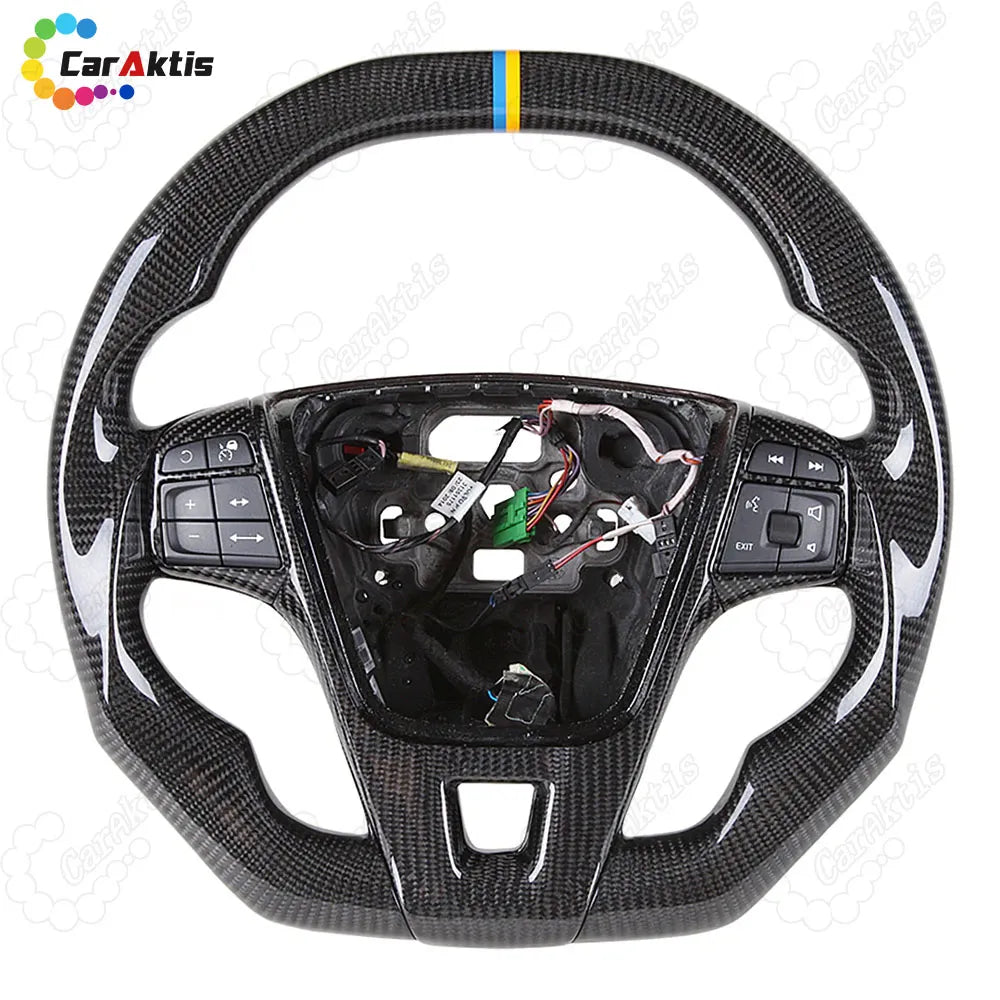 Custom carbon fiber steering wheel for Volvo V60 S60 XC60, featuring a blue and yellow center racing stripe and full carbon finish.