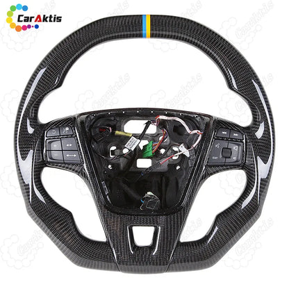 Custom carbon fiber steering wheel for Volvo V60 S60 XC60, featuring a blue and yellow center racing stripe and full carbon finish.