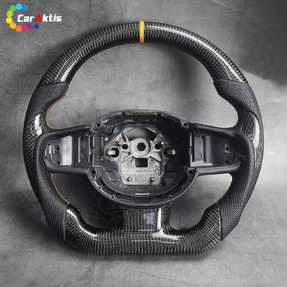 Custom carbon fiber steering wheel for Volvo XC90 XC60 V60 with orange center stripe and perforated leather grips.
