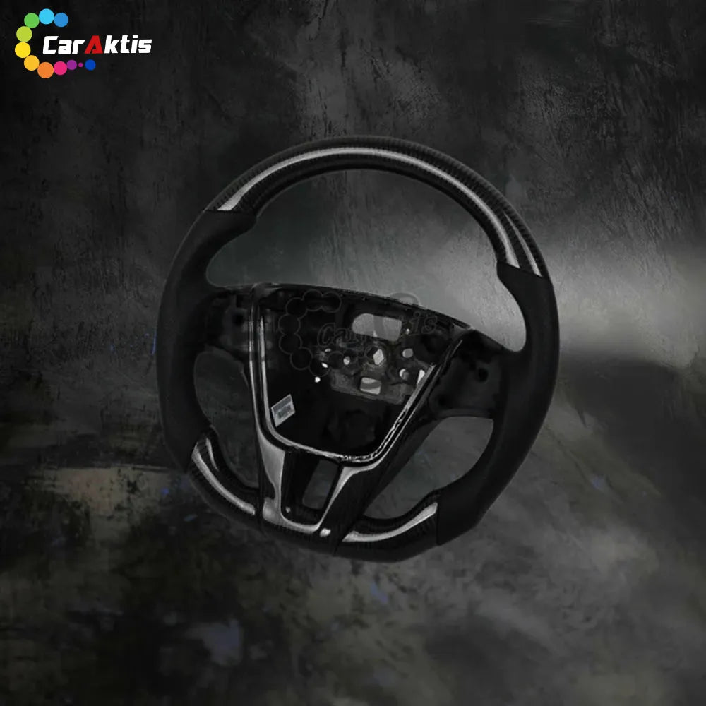 Side profile of ergonomic carbon fiber steering wheel for Volvo, showcasing the contoured grips and high-gloss finish.
