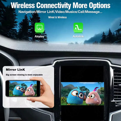 iOS AirPlay and Android Autolink phone mirroring link feature playing video on Volvo big screen.