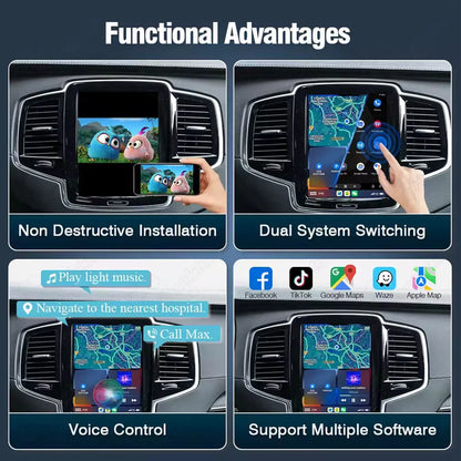 Functional advantages of Volvo CarPlay module including non-destructive installation, dual system switching, Siri voice control, and map apps.