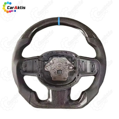 Volvo XC40 XC60 XC90 carbon fiber steering wheel upgrade featuring a blue racing stripe and ergonomic D-shape design.